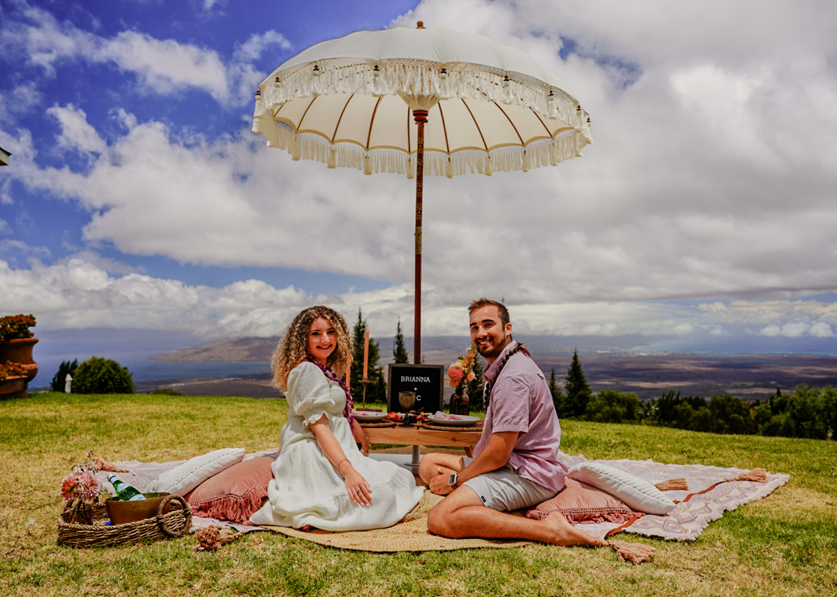 Sitting happily picnic engagement proposal photoshoot photographer